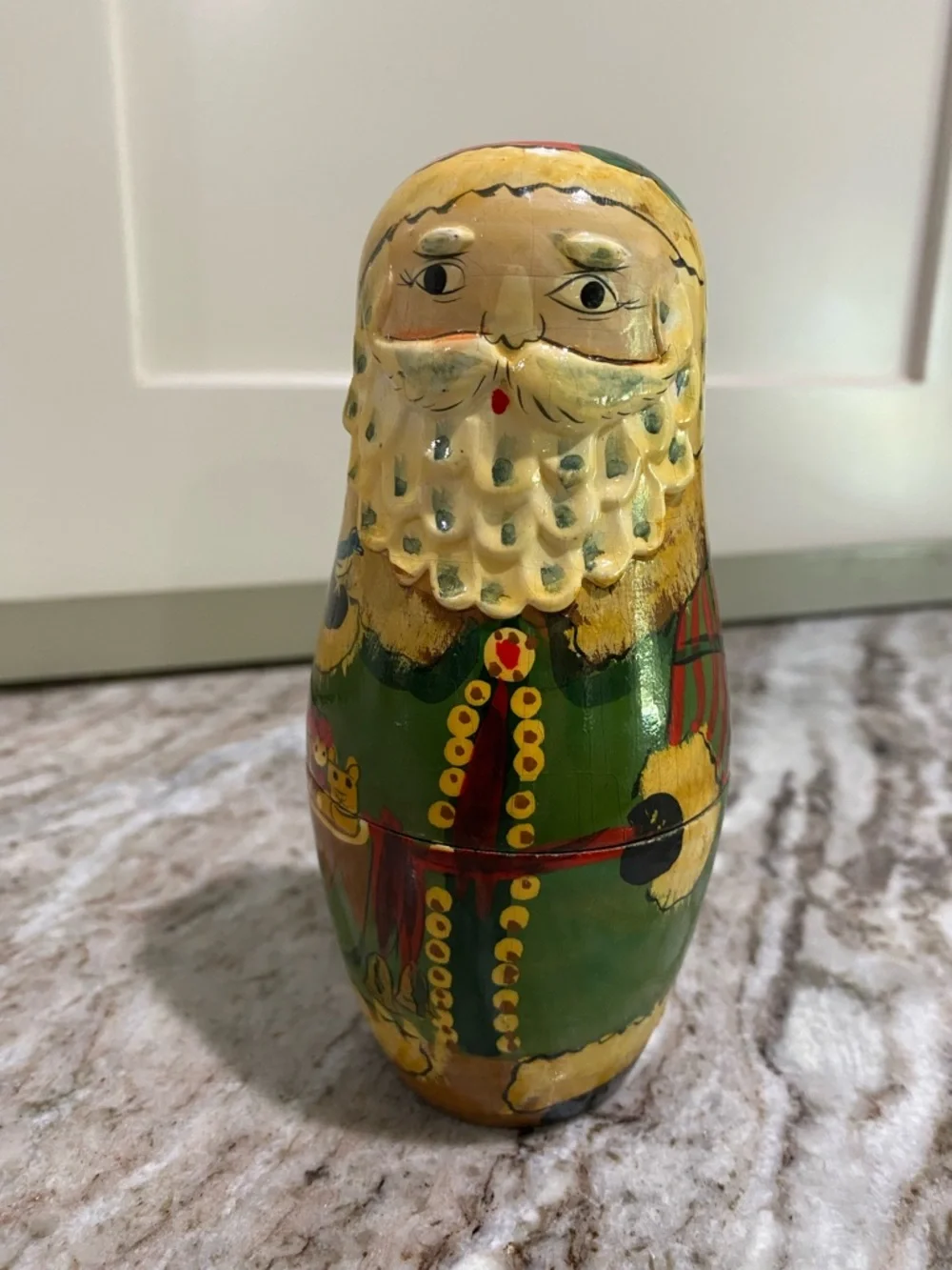 Vintage Hand-Painted Russian Santa Nesting Dolls Set - Green and Red